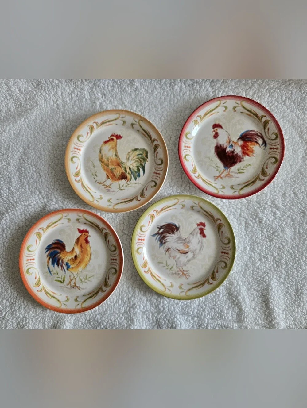 Pier 1 Imports Set/4 Rooster Plates Ironstone Salad Dessert Farmhouse 8.25